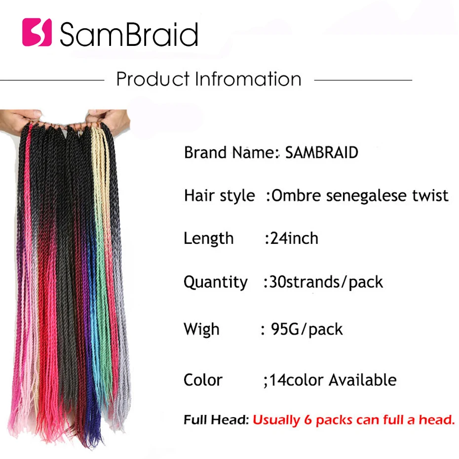 SAMBRAID Senegalese Twist Crochet Hair 24 inch 30 Roots/Pack Crotchet Braids Synthetic Hair Ombre Braiding Hair Extensions