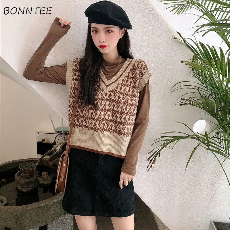

Women Sweater Vest Autumn Short-length Womens Outwear All-match Female Tops Argyle New Fashion Ulzzang Chic Shrug Slim Soft Cozy