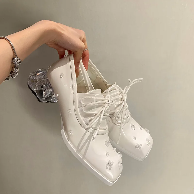 

New Women Shoes Girls White Heels Woman Soft Brand Shoes Ladies Round Toe Shoes Female Pearl Shoes Fashion Oxford Slip On Shoes