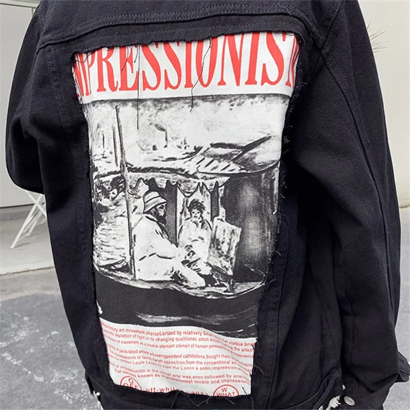 

Autumn Korean Patch Print Frayed Harajuku Black Jeans jacket Women Plus size Casual Denim coat Kurtka jeansowa damska Streetwear