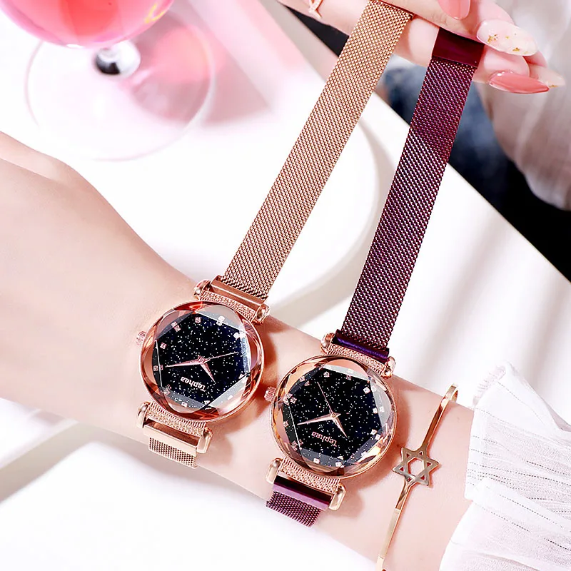 Модные часы Sky Женские Простые кварцевые с браслетом новые сетчатые магнитные