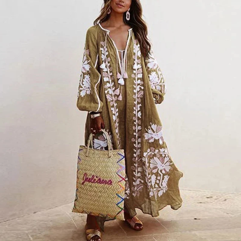 

Elegant Floral Print Tassel Long Party Dress Autumn Vintage Long Lantern Sleeve Ladies Dresses Women V Neck Casual Loose Dress