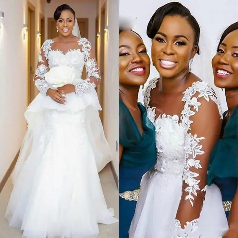 

African Plus Size Mermaid Wedding Dresses Jewel Neck Lace Appliques Beads Long Sleeves Peplum Sweep Train Dubai Bridal Gowns