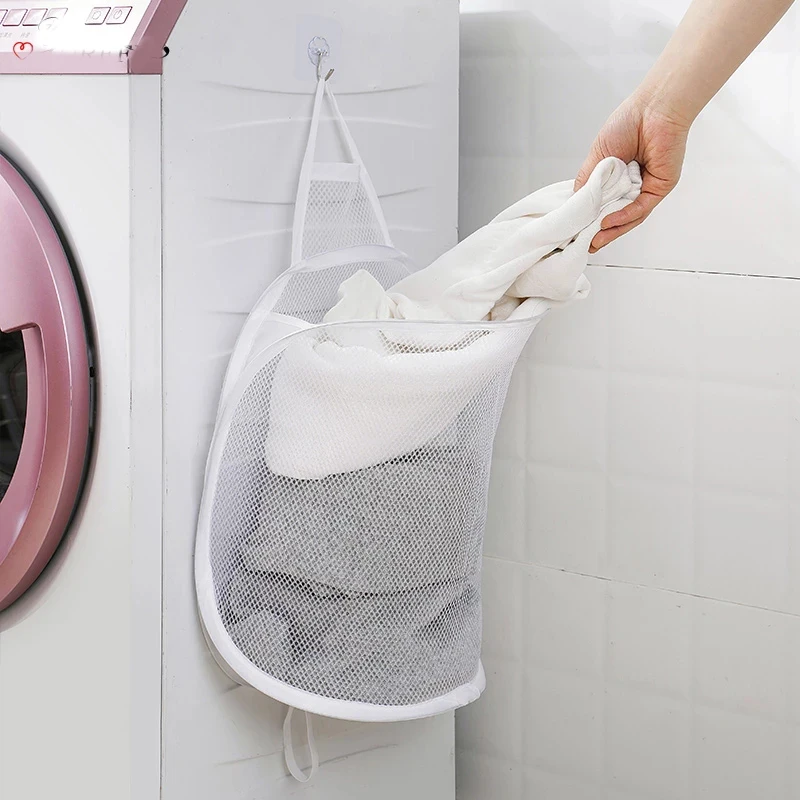 

Folding Laundry Basket Organizer for Dirty Clothes Bathroom Clothes Mesh Storage Bag Household Wall Hanging Basket Frame Bucket