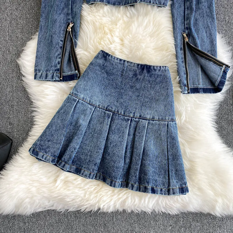 Женский джинсовый костюм ALPHALMODA с отложным воротником и длинными рукавами