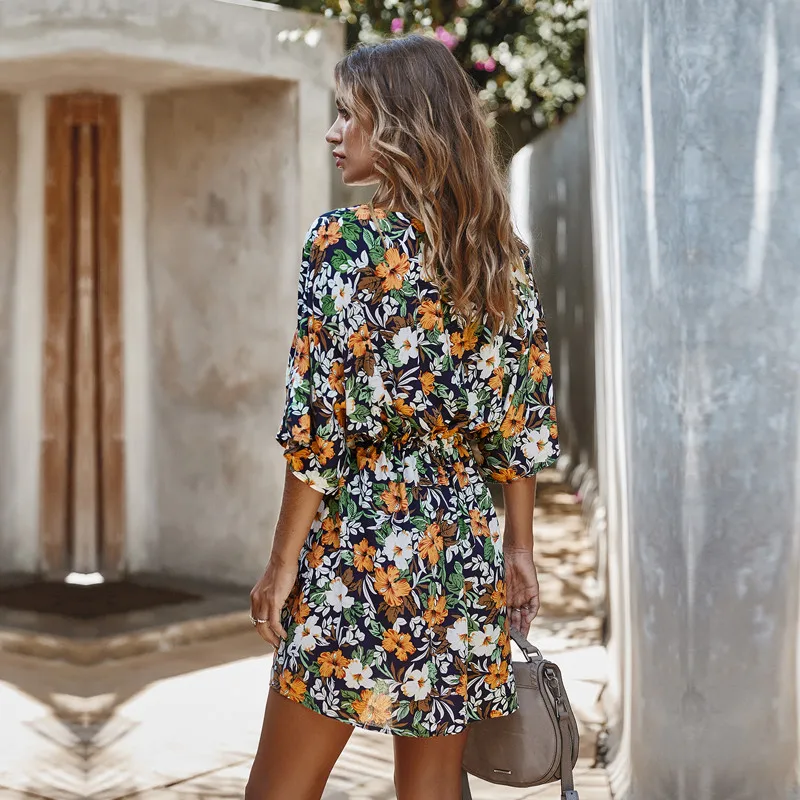 

2021 Spring Summer New Temperament Women's Floral Print Short Dress Elegant Ladies V-neck Half Sleeve A-line Holiday Style Dress