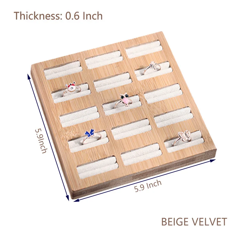 Beige Velvet 15 Сетка бамбук+ ПУ/бархат кольцо органайзер для сережек Макияж Стеллаж для хранения ювелирных изделий кольца дисплей доска настольная стойка дисплей - Цвет: Beige Velvet