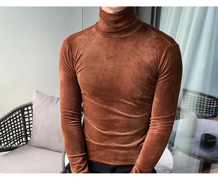 Азиатский размер Slim Fit стрейч бархат водолазка Мужская футболка с длинным рукавом осенние вечерние Нежные мужские