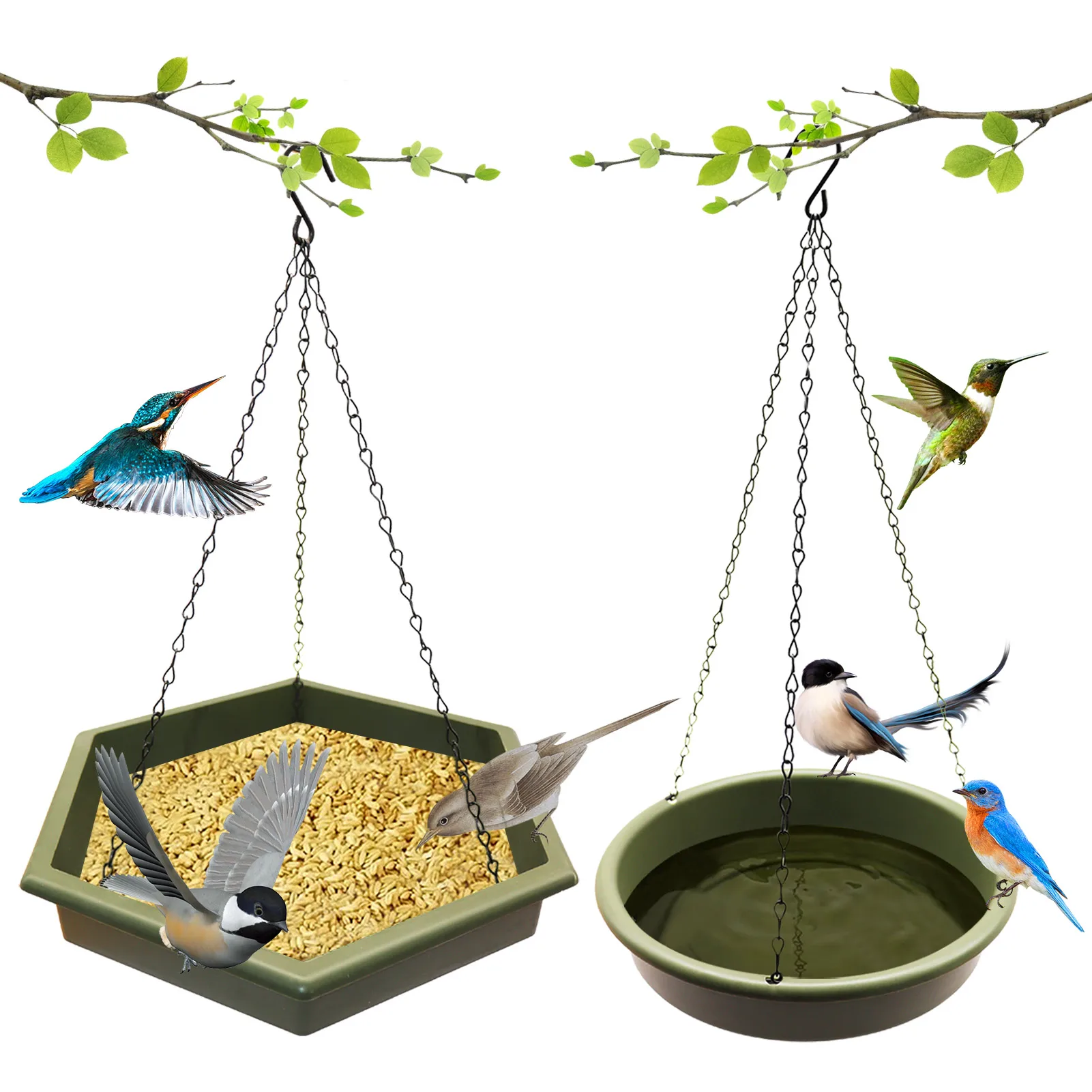 

2 In 1 Outdoor Garden Hanging Bird Bath & Bird Feeder Trays Garden Bird Feeding Tray For Outside Courtyard Decoration approving