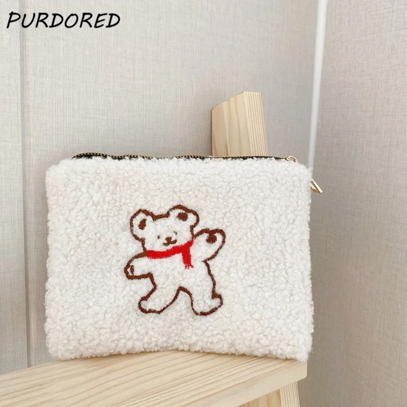

PURDORED 1 шт. Милая косметичка из овечьей шерсти с медведем, мягкая женская косметичка на молнии, дорожная косметичка, органайзер, Студенческая ...