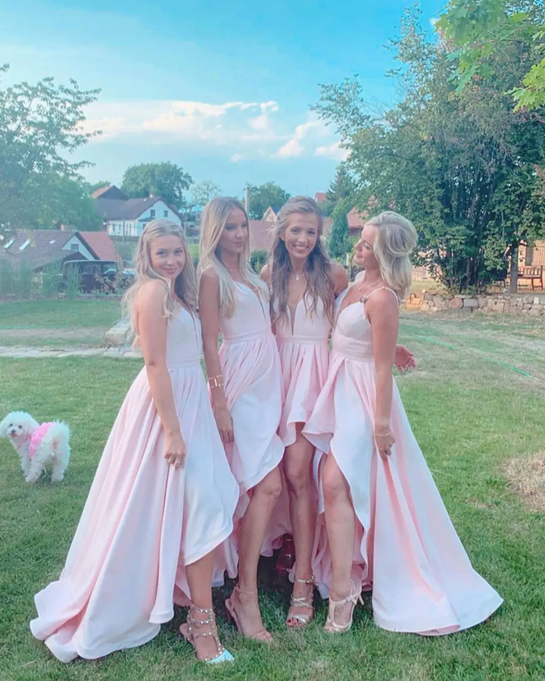 

Pink Spaghetti Straps V Neck Bridesmaid Gown High Low Design Long Maid Of Honor Dresses for Wedding Party