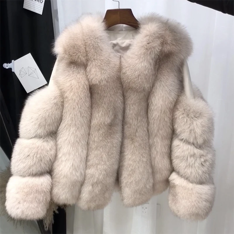 Бежевый Rf1929 зимнее короткое пальто из натурального Лисьего меха Stlye FluffyReal, натуральная кожа, натуральный мех, куртка с длинным рукавом, женские пальто из натурального меха - Цвет: Бежевый