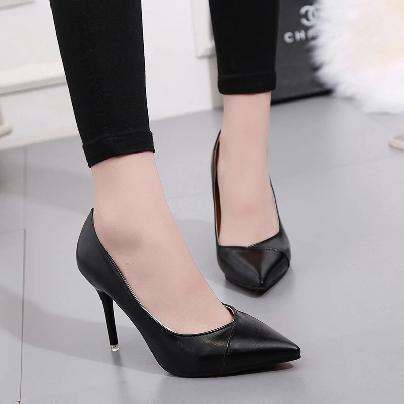 Women Dress Shoes High Heels Boat Pointed Toe Pumps Black Thick Basic Pump Spring Female Office Work Shoe C9095 | Обувь