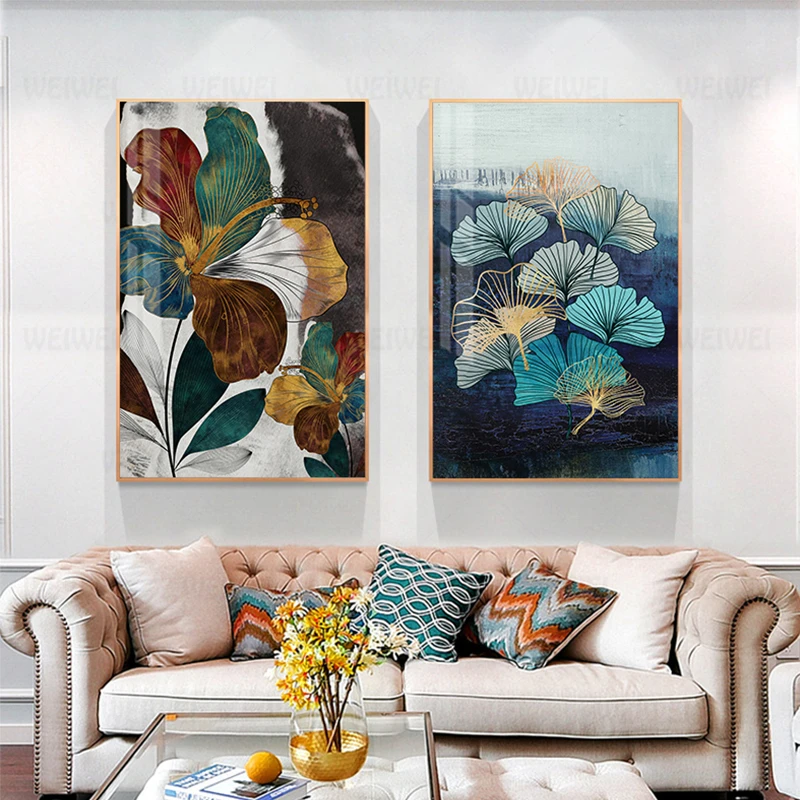 Абстрактный золотой цветок Картина Современный синий плакат печать роскошное