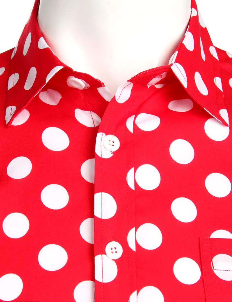 Red Mens Polka Dot Shirt Casual Button Up Dress Shirts Men Chemise Homme Party Club Male Shirts Garden Point Camisas Masculina