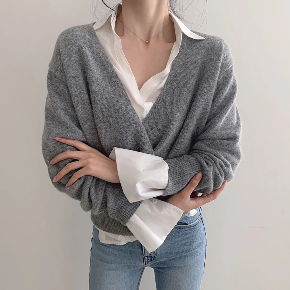 Deep V-Neck Sweater Women Fashion 2020 Long Sleeve Criss-cross Knitted Tops Solid Puff Elegant Knitwear Pullovers | Женская одежда