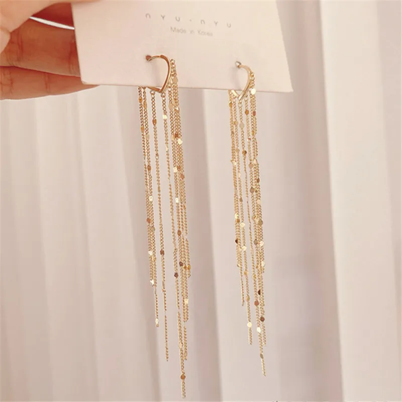 

2021 1Pair New Women Fashion Needle Temperament Heart Shape Hoop Gift Hoop Earrings Tassel Earrings Korean Long Tassel Earrings