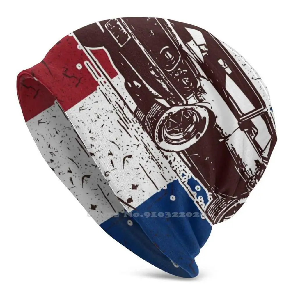 

Vintage With Red White And Blue Background Winter Warm Knitted Cap Beanie Men Vintage Car Antique Car American Car American