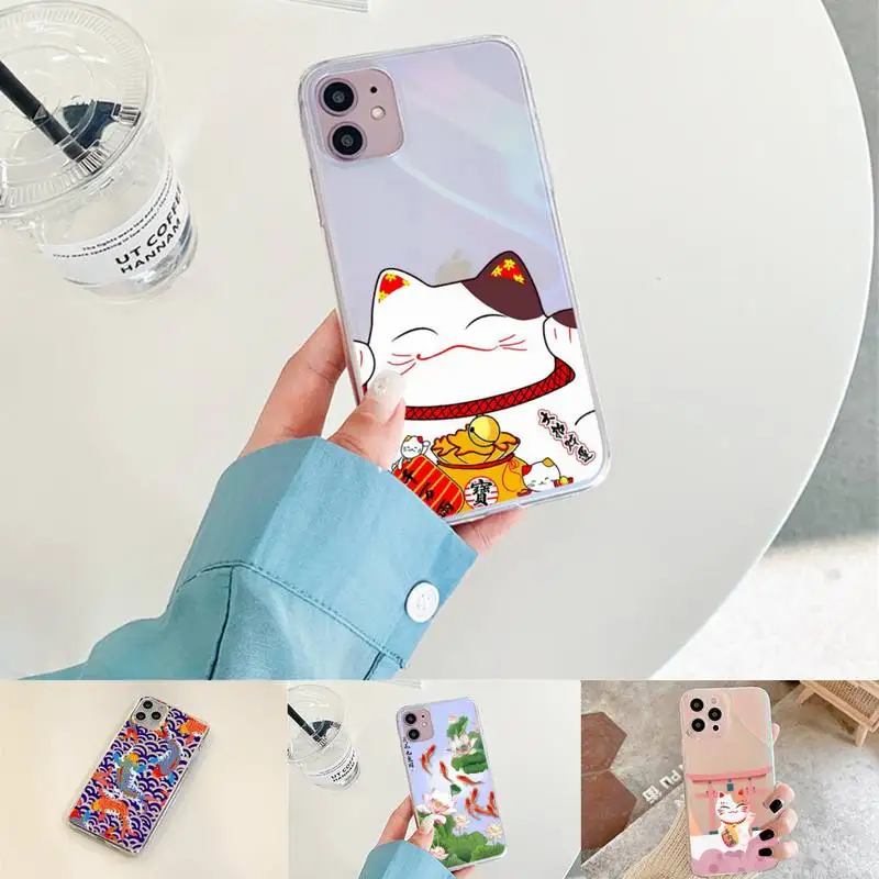 

Koi Fish Cherry Blossom Lucky Cat PhoneCase for iPhone xiaomi redmi 7 8 9 11 12 10 S X XS XR MINI Pro Max Plus laser Transparent