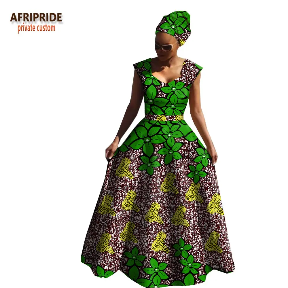 Afripride, Африканское весеннее Хлопковое платье для женщин, без рукавов, v-образный вырез, длина до пола, женское платье с повязкой на голову A1825039 - Цвет: 572J