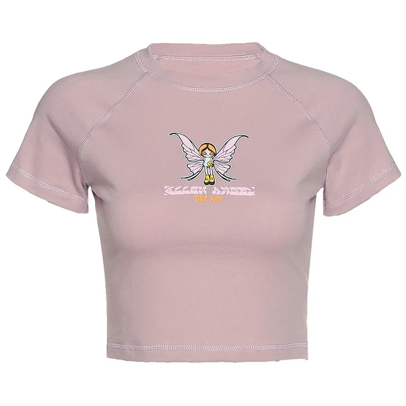

Fashion Summer T-shirt Women New Round Neck Printing Slim Casual Crop Top Solid Cotton T Shirt Women Tee Shirt Femme