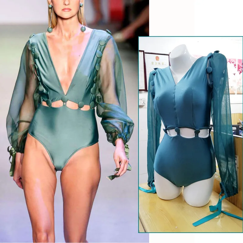 Женский сплошной купальник монокини с вырезами прозрачный длинным рукавом