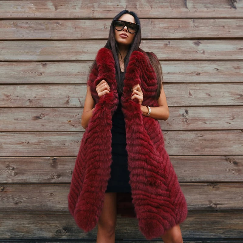 

2021 New Long Women Warm Real Fox Fur Vest V-Neck Winter Fur Vest Outerwear Thick warm Red Natural Fox Fur Coats for Lady
