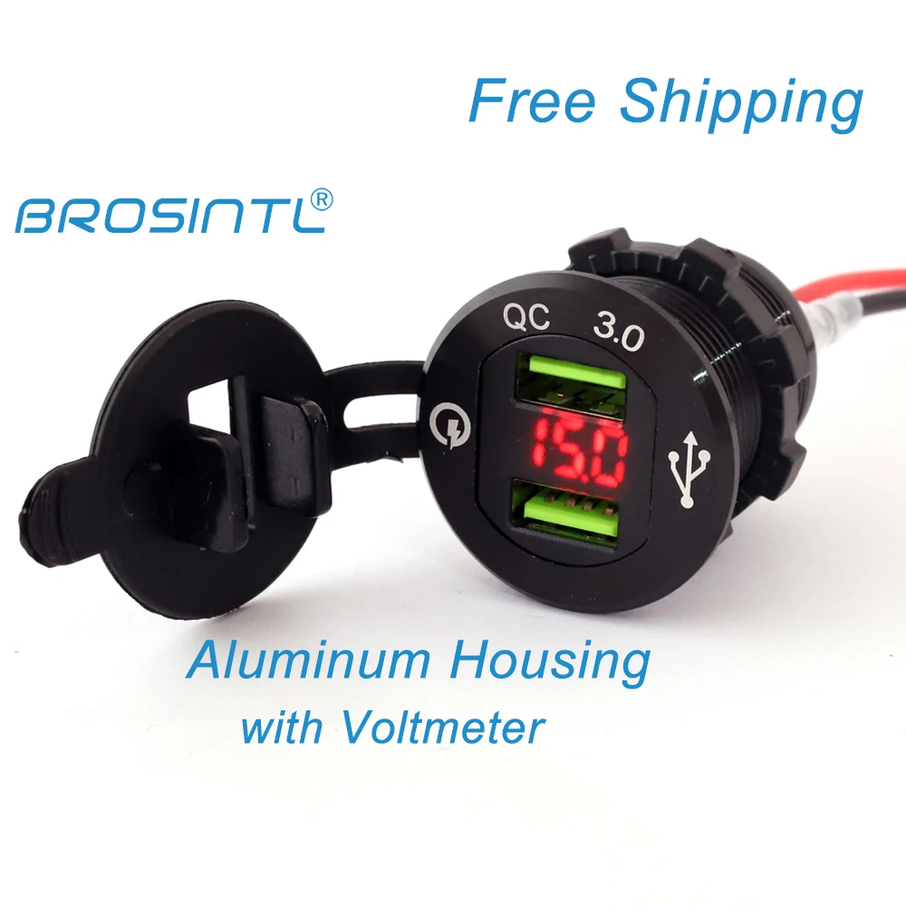 

BROSINTL Free Shipping Dual Port QC 3.0 USB Car Charger Socket Aluminum with Voltmeter for 12V 24V Bus Coach Marine | BC024KB