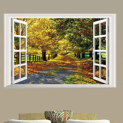 3D Наклейка на стену с изображением окна кленового листа бульвара большая роспись