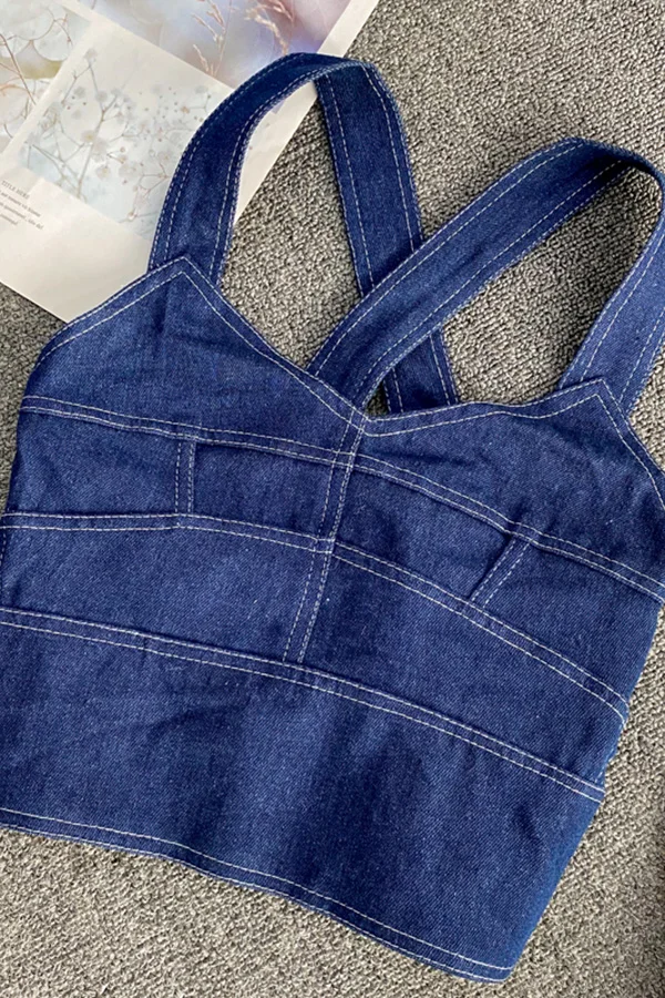 

Korean short cropped umbilical beauty back sexy denim vest camisole women's tops summer folds Slim outer wear denim camisole top