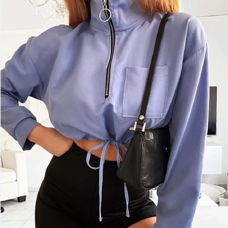 

2021 Women Fashion New Stand Collar Outerwear Fall Hoodies Zipper Long Sleeve Drawstring Cropped Vintage Sweatshirts Jacket