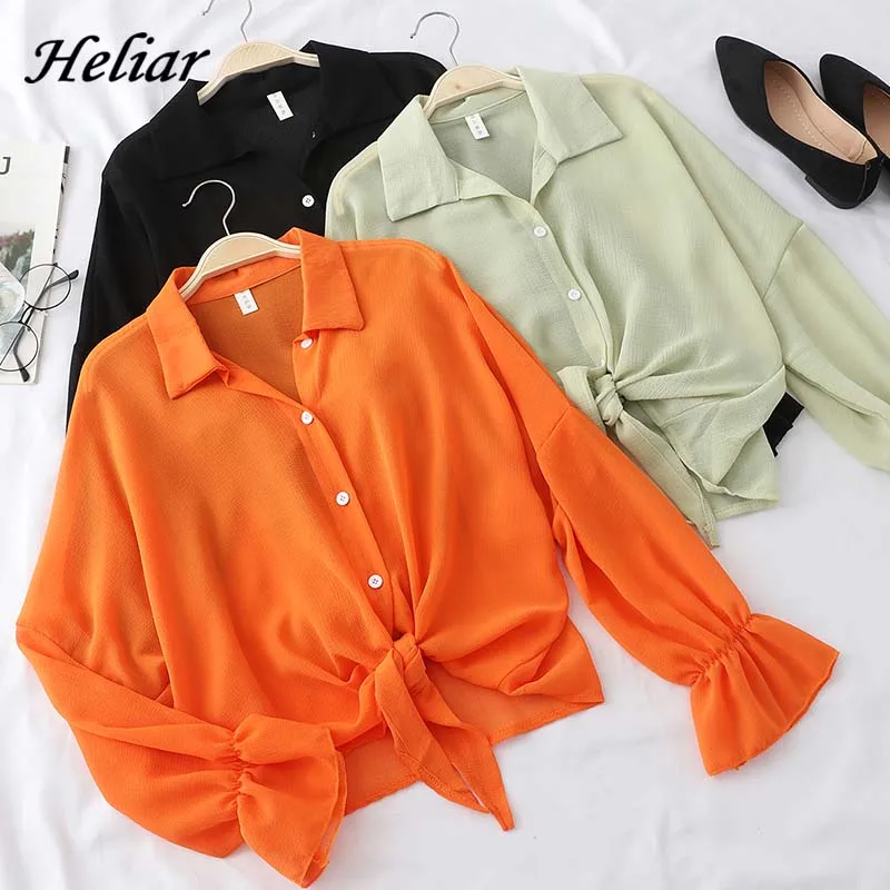 Блузка Женская Осенняя офисная на пуговицах с длинным рукавом и завязкой талии |