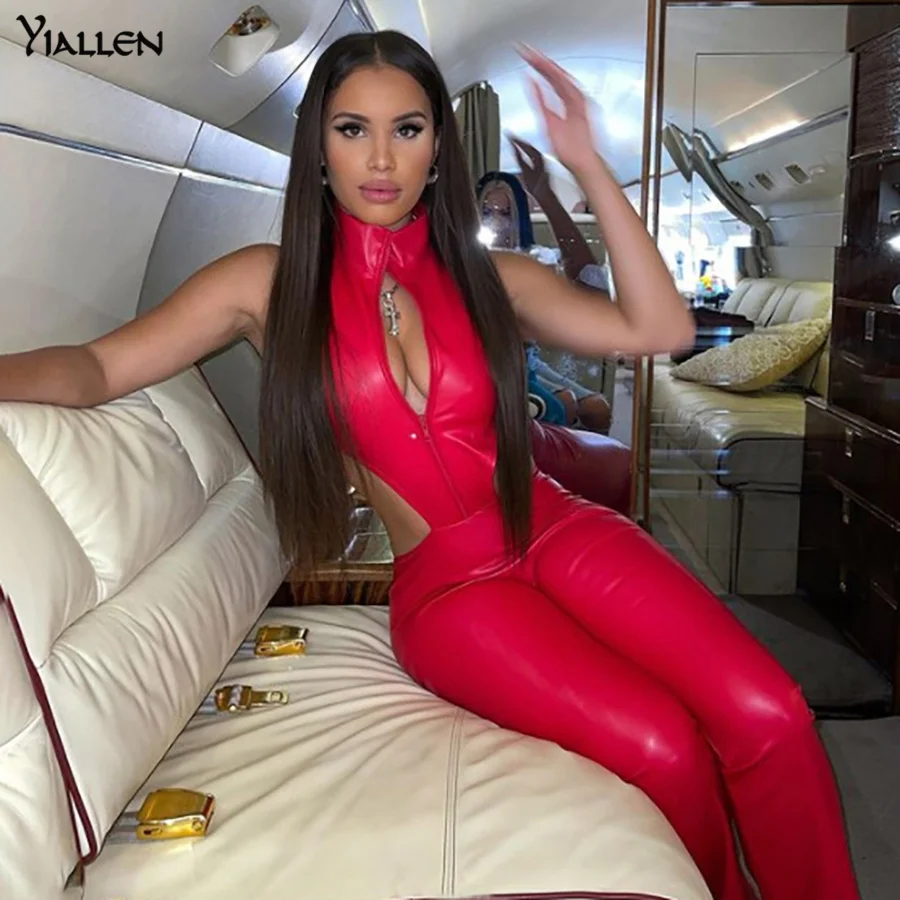 

Yiallen Autumn New Fashion Sexy Hollow Out Sleeveless Zipper Jumpsuit For Women Y2K Club Street Red PU Leather Female Romper Hot