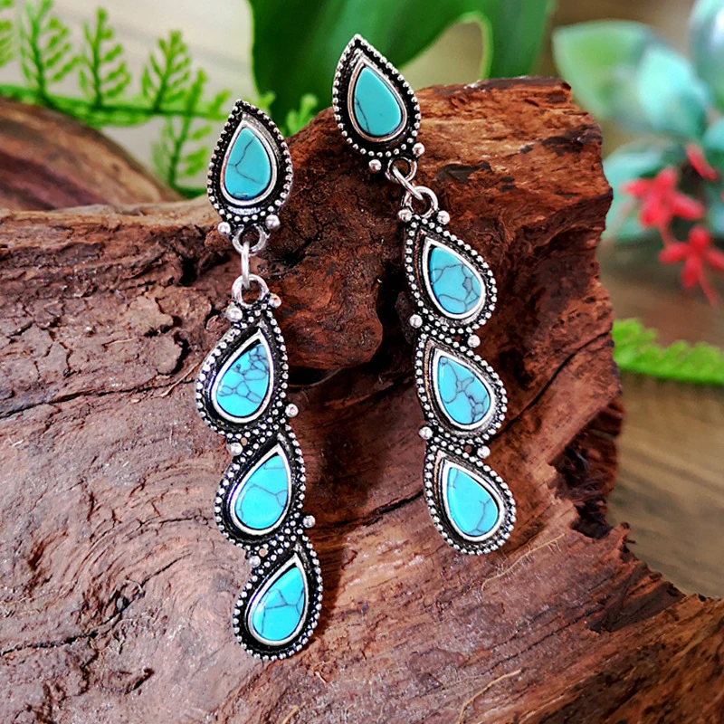 

Boho Style Creative Drop-Shaped Turquoises Tassel Earrings Simple Exquisite Drop-Shaped Earrings Women's Jewelry Best Gift