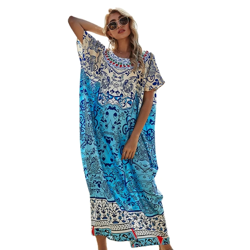 Платье туника женское в богемном стиле Длинное Макси платье кафтан с цветочным