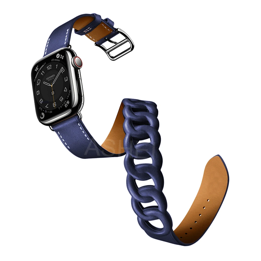 

For apple watch 7 band 45mm 41mm Double Tour Genuine Leather strap for iwatch se series 6 5 4 44mm 40mm 3 42mm 38mm bracelet