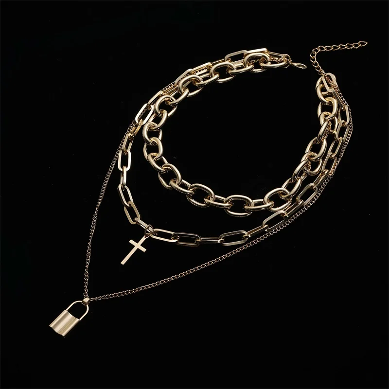 Vintage Punk Chain Necklace with Layered Grunge Aesthetic & Cross Pendant for Women and Men - Lock Choker Chains Goth Accessory image 5