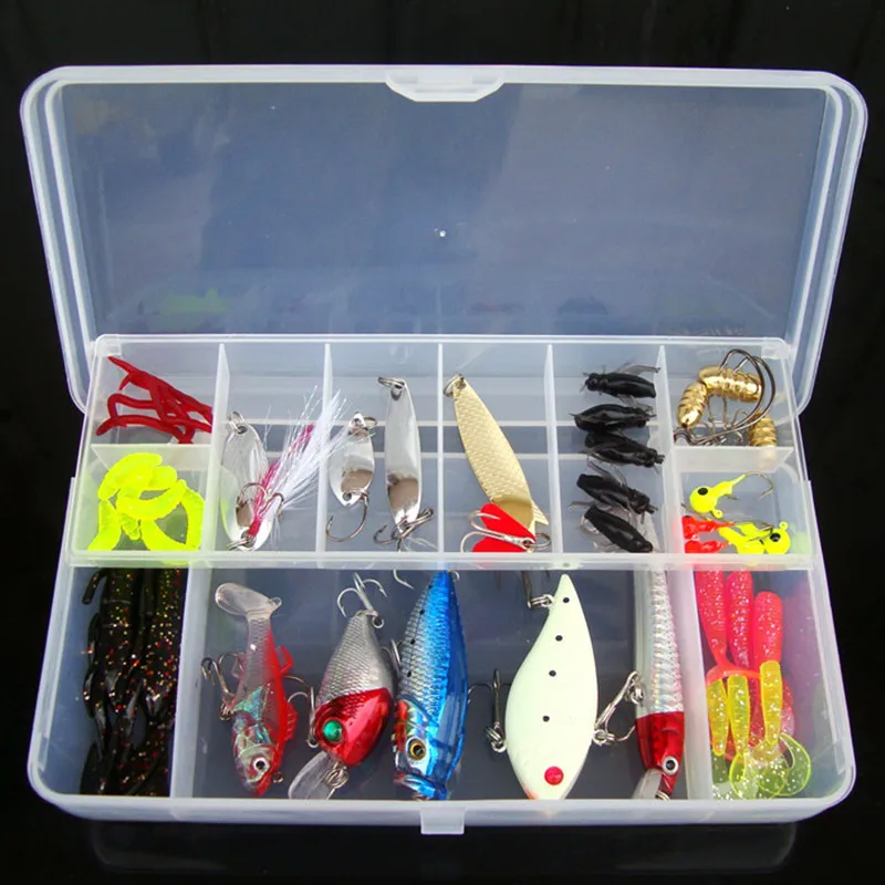 

Fishing Lure Kit 50 Pieces Soft Hard Bait Spoon Minnow VIB Crank bait Jig Head Worm Accessories With Case