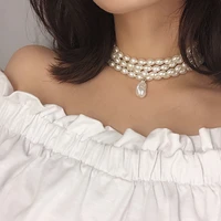 fashion punk multilayer pearl pendant necklace collar women bohemian imitation pearl pendant necklace collarbone wedding jewelry