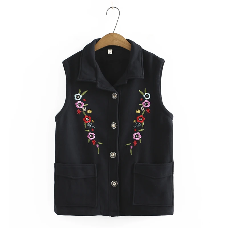 

Autumn Women Flower Embroidery Cotton Linen Vest With Fleece Lining Waistcoat Black Dark Blue Orange Green Sleeveless Coat Lady