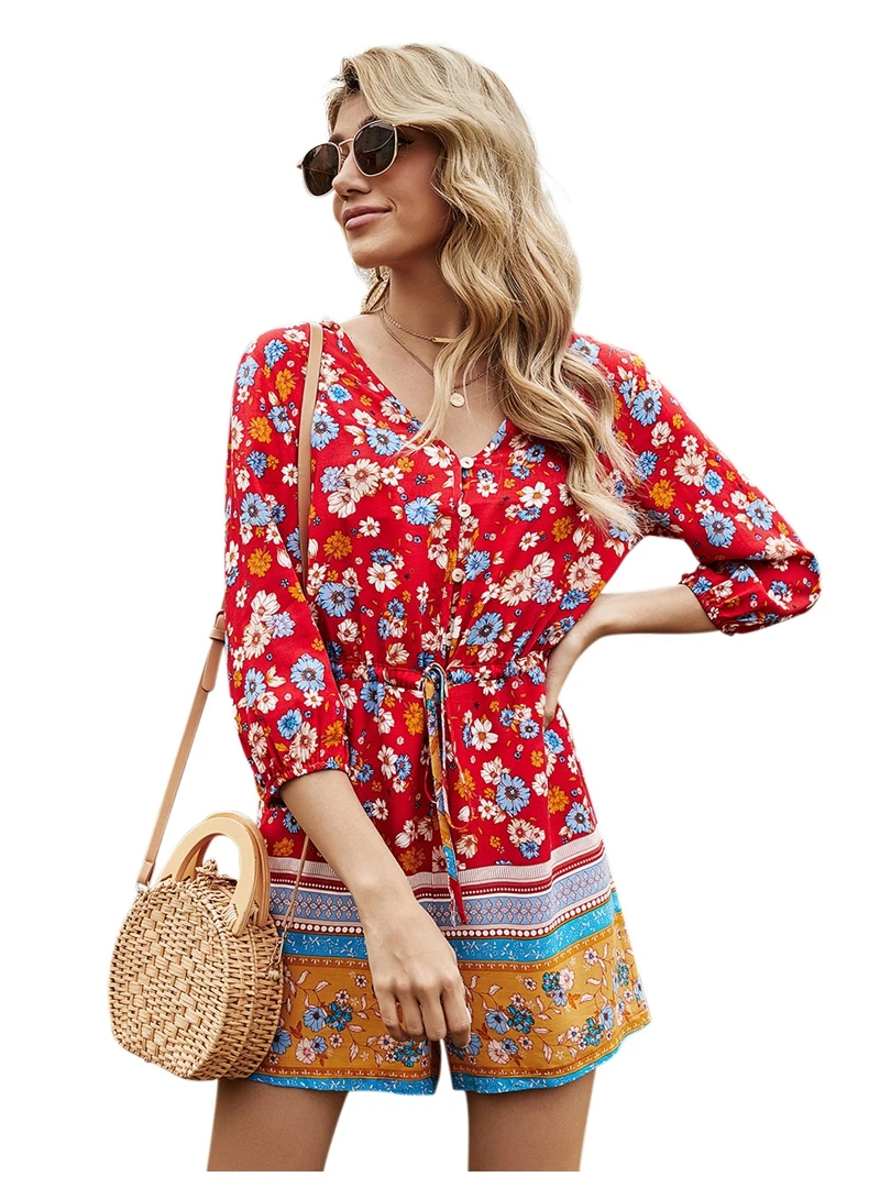 Holiday Style Jumpsuits Spring Floral Print Playsuits Women Three Quarter Sleeve Casual V Neck High Waist Lace Up Rompers