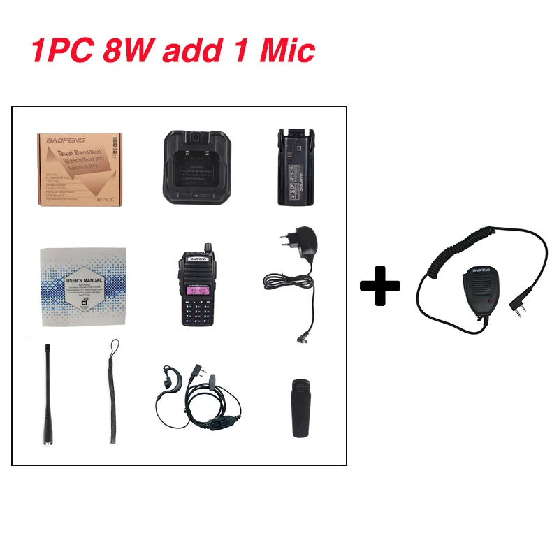 add 1 microphone 8 Вт Baofeng UV-82 двухдиапазонный двухсторонний радио UV82hp портативная рация 10 км переносной CB Ham Радио VHF/UHF FM приемопередатчик коммуникатор - Цвет: add 1 microphone