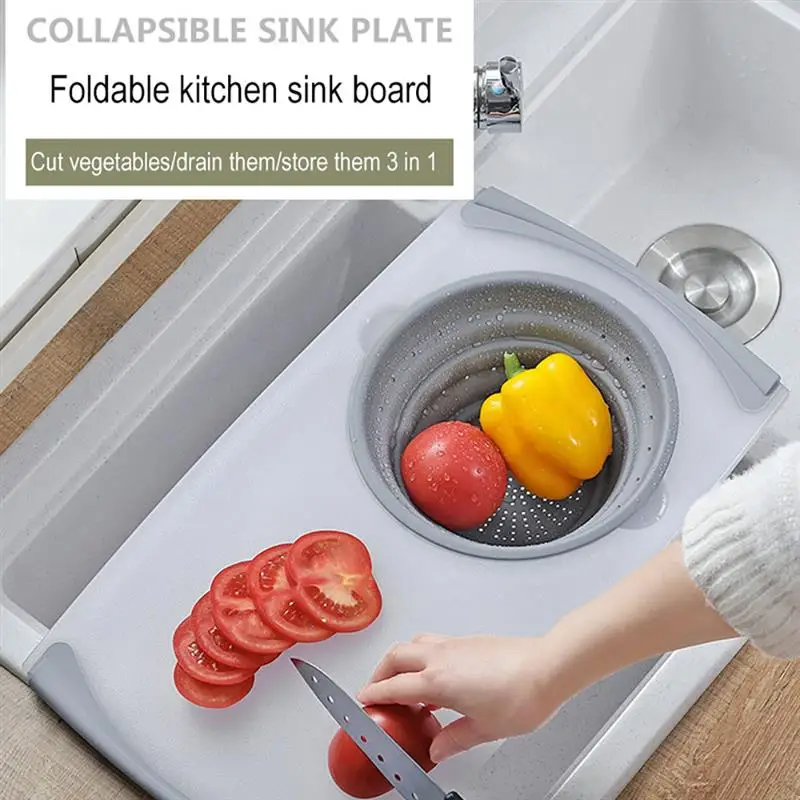 3 In 1 Multi-Function Food Tray Sink Drain Basket Cutting Board Filter Chopping Blocks Meat Vegetable Fruit Basket Storage