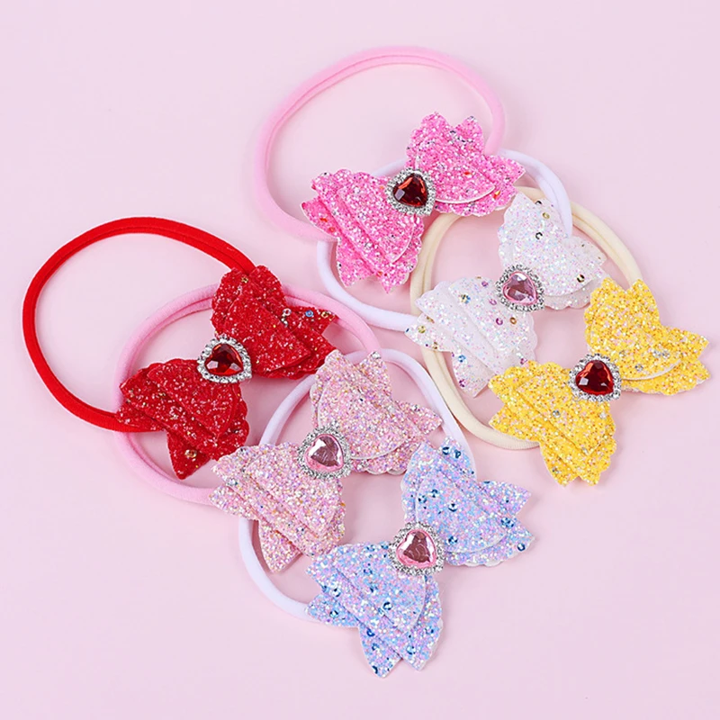 

30Pcs/Lot,Cute 3.6 Inch Valentine's Day Glitter Bows Nylon Headband Rhinestone Heart Bow Baby Turban Kid Girls Hair Accessories
