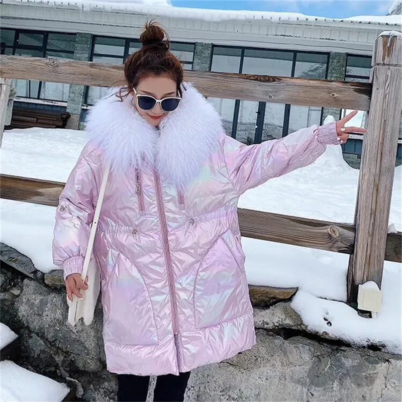

Pink glossy down jacket real mongolia sheep fur collar 90% white duck down woman winter coat