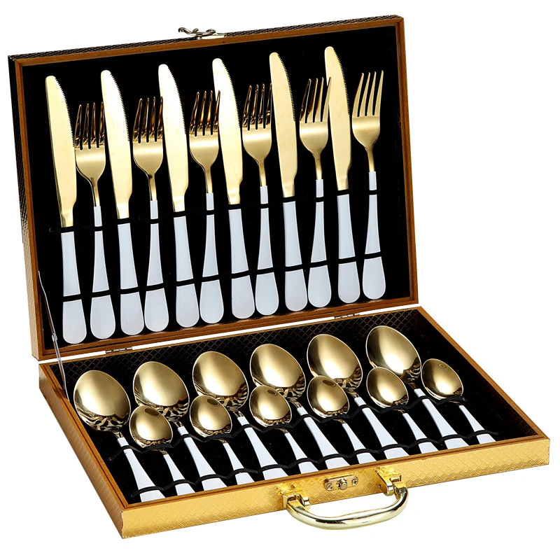 

24PCS Cutlery Set Stainless Knife Fork Spoon Flatware Tableware Set Gold Gift Box Portable Dinnerware Dishwasher Kitchenware
