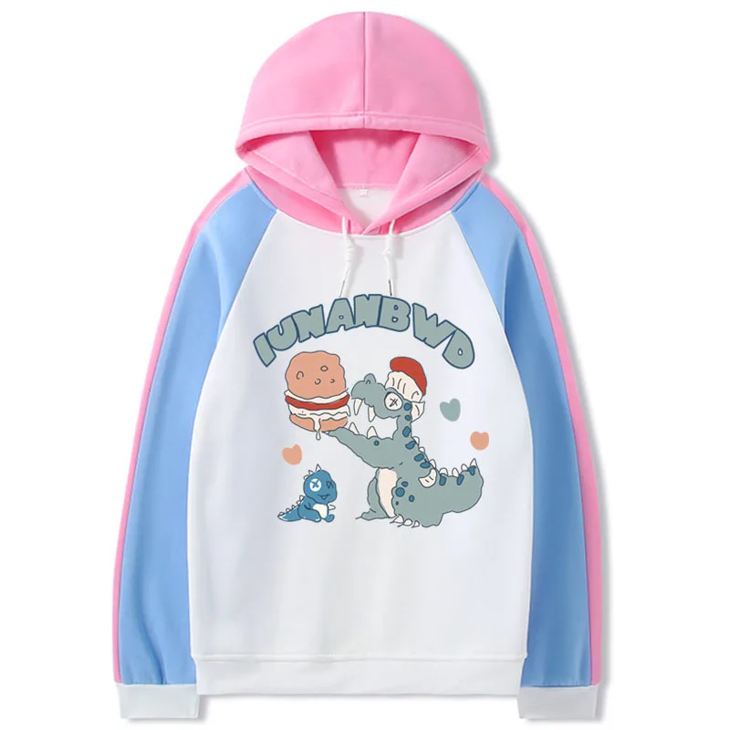 

2021 Kpop Dinosaur Hoodie Men/Women Casual Printed Loose Color Block Sweatshirt Hip Hop Unisex Streetwear Harajuku Tee Top