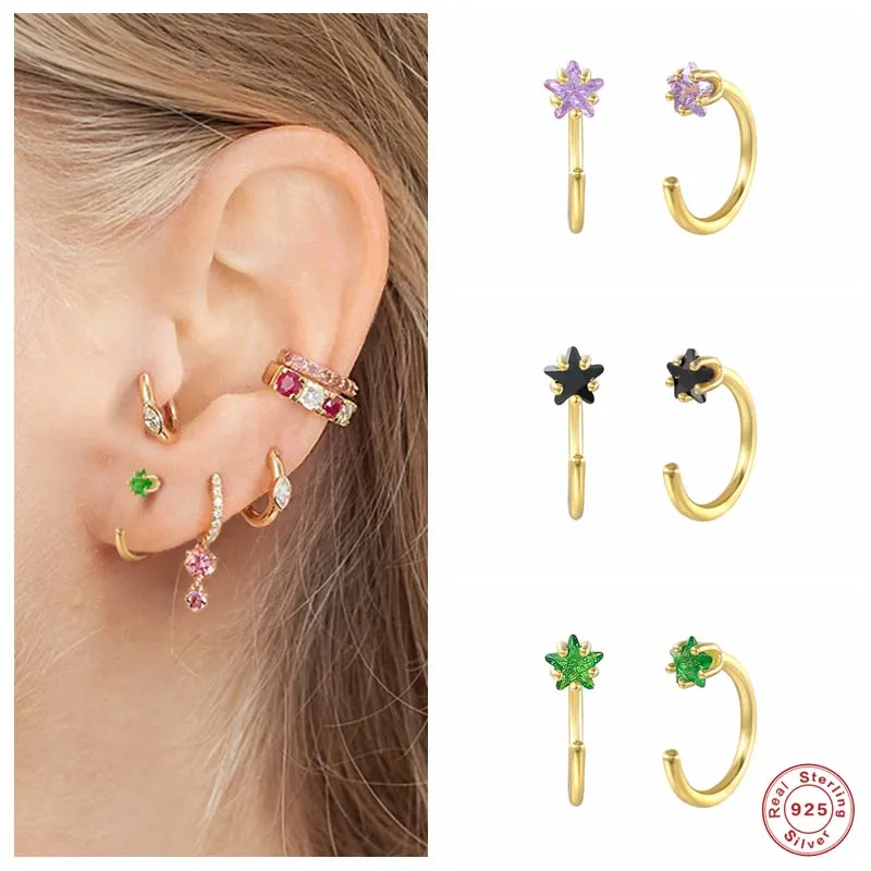 

BOAKO 925 Sterling Silver Colorful Zircon Star Hoop Earrings For Women Ear Bone Buckle Clip Earlobe Circle Huggie Earrings Gift