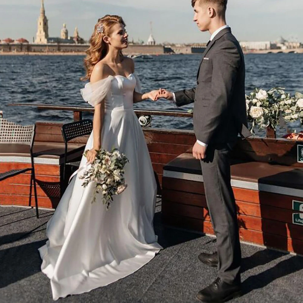 

Современное атласное свадебное платье с открытыми плечами, трапециевидного силуэта, цвета слоновой кости, платье для подружки невесты, 2022