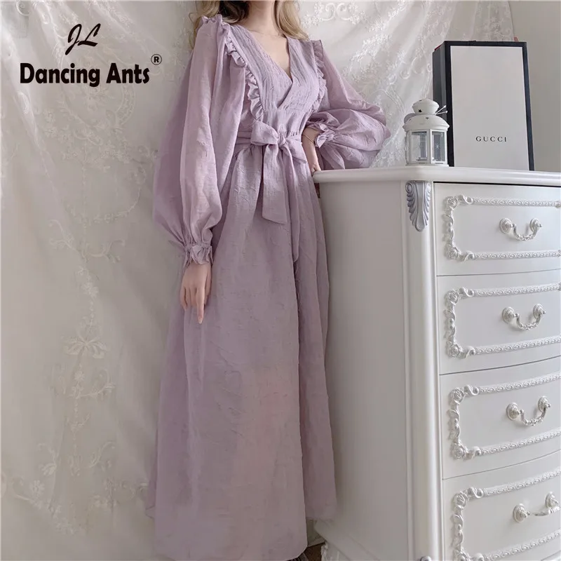 Элегантное платье с длинным рукавом фонариком и V образным вырезом повседневные